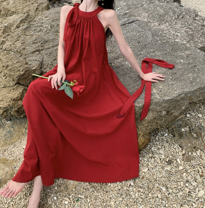 Simple Jewel Neck Red Evening Maxi Dress Classical A-Line Sleeveless Flowy Hem Halter Long Dress AP3569