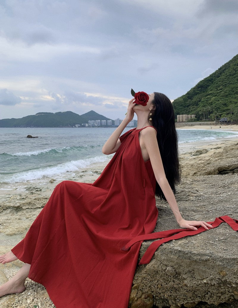 Simple Jewel Neck Red Evening Maxi Dress Classical A-Line Sleeveless Flowy Hem Halter Long Dress AP3569