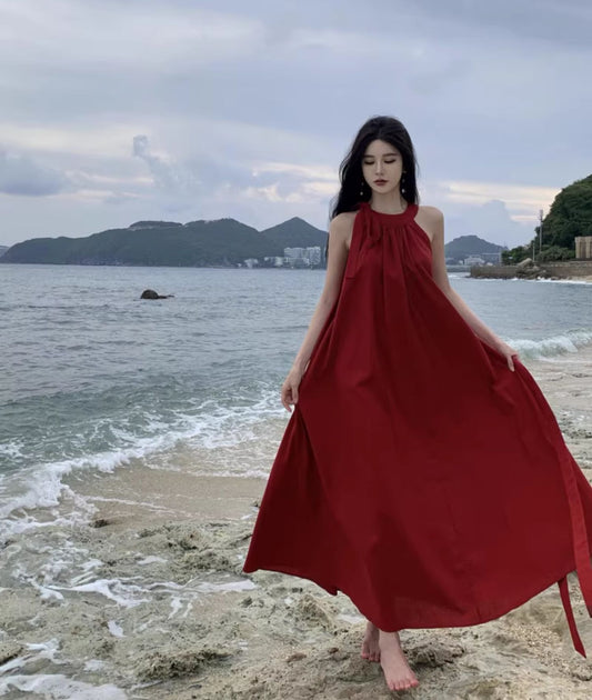 Simple Jewel Neck Red Evening Maxi Dress Classical A-Line Sleeveless Flowy Hem Halter Long Dress AP3569