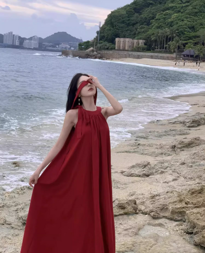 Simple Jewel Neck Red Evening Maxi Dress Classical A-Line Sleeveless Flowy Hem Halter Long Dress AP3569