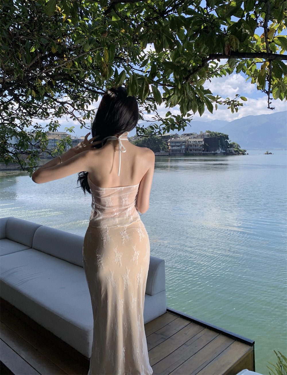 Maximalism Adjustable Strap 2-Piece Set Evening Maxi Dress Charming Sheath Lace Tulle Splicing Halter Long Dress AP3570