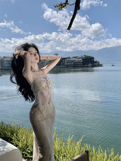 Maximalism Adjustable Strap 2-Piece Set Evening Maxi Dress Charming Sheath Lace Tulle Splicing Halter Long Dress AP3570