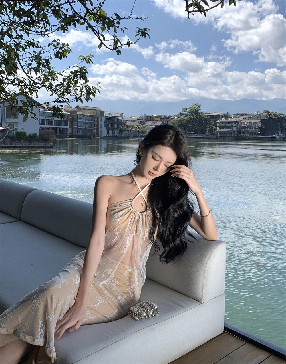 Maximalism Adjustable Strap 2-Piece Set Evening Maxi Dress Charming Sheath Lace Tulle Splicing Halter Long Dress AP3570