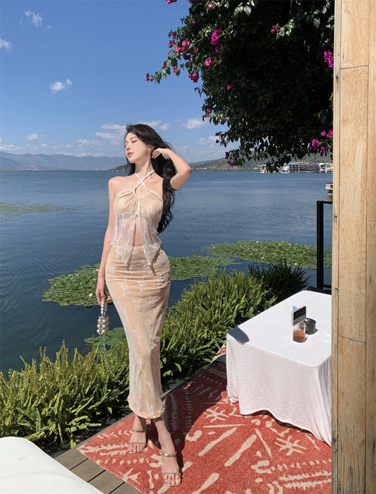 Maximalism Adjustable Strap 2-Piece Set Evening Maxi Dress Charming Sheath Lace Tulle Splicing Halter Long Dress AP3570