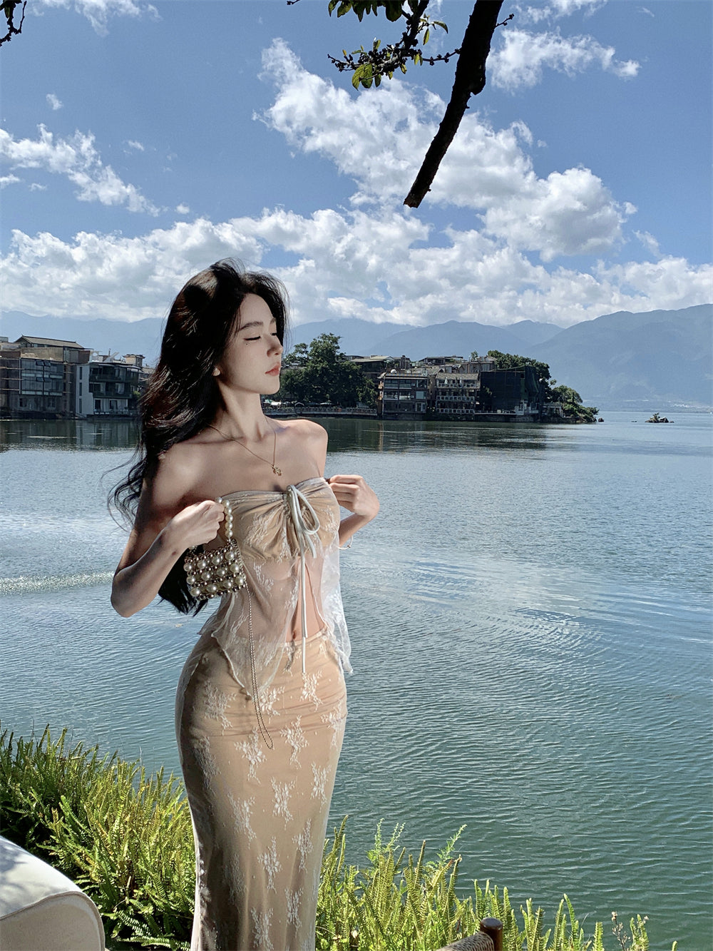 Maximalism Adjustable Strap 2-Piece Set Evening Maxi Dress Charming Sheath Lace Tulle Splicing Halter Long Dress AP3570