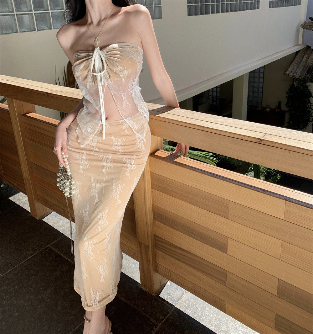 Maximalism Adjustable Strap 2-Piece Set Evening Maxi Dress Charming Sheath Lace Tulle Splicing Halter Long Dress AP3570