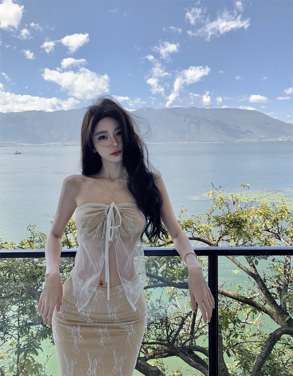 Maximalism Adjustable Strap 2-Piece Set Evening Maxi Dress Charming Sheath Lace Tulle Splicing Halter Long Dress AP3570