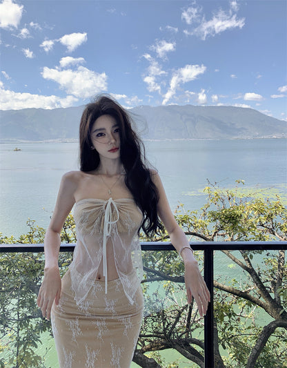 Maximalism Adjustable Strap 2-Piece Set Evening Maxi Dress Charming Sheath Lace Tulle Splicing Halter Long Dress AP3570