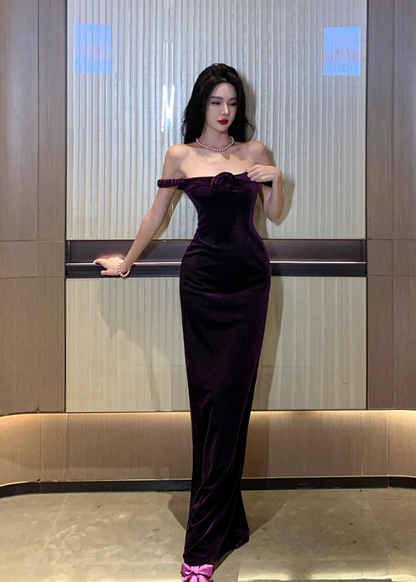 Minimalist Sheath 3D Floral Design Evening Maxi Dress Chic Velvet Spaghetti Straps Slit Long Dress AP3571