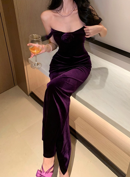 Minimalist Sheath 3D Floral Design Evening Maxi Dress Chic Velvet Spaghetti Straps Slit Long Dress AP3571