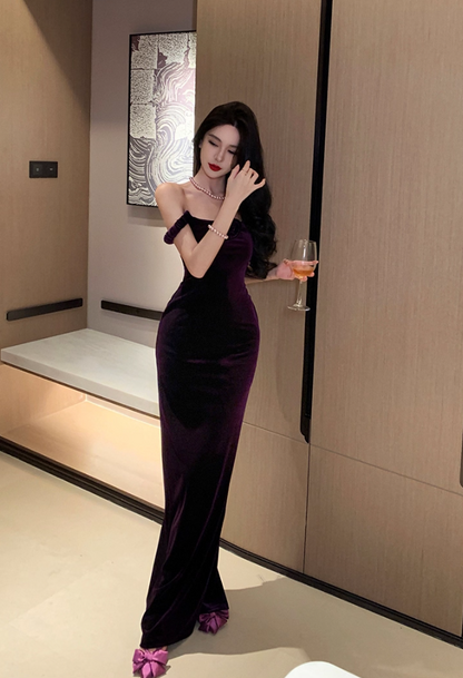 Minimalist Sheath 3D Floral Design Evening Maxi Dress Chic Velvet Spaghetti Straps Slit Long Dress AP3571