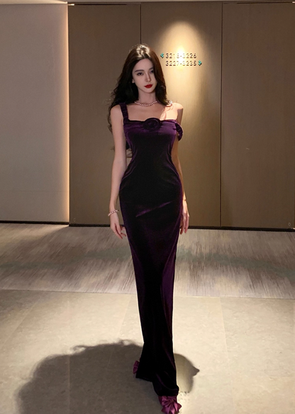 Minimalist Sheath 3D Floral Design Evening Maxi Dress Chic Velvet Spaghetti Straps Slit Long Dress AP3571