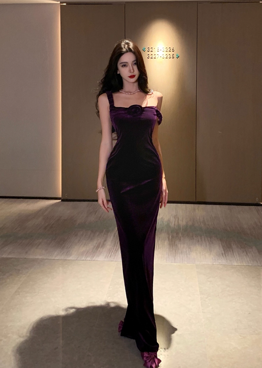 Minimalist Sheath 3D Floral Design Evening Maxi Dress Chic Velvet Spaghetti Straps Slit Long Dress AP3571