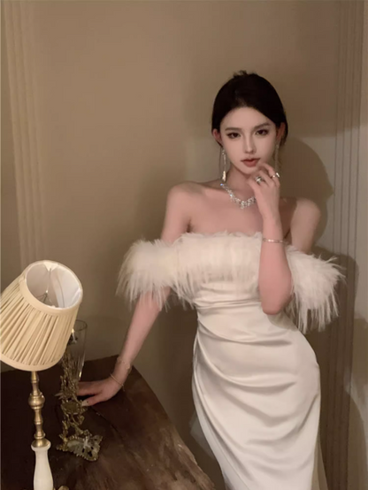 French Style White Lace-Up Mermaid Long Dress Romantic Off-Shoulder Feather Trim Evening Long Dress AP3572