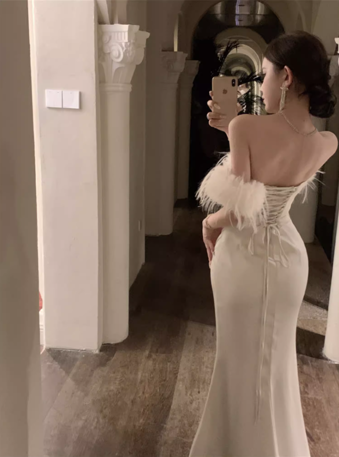French Style White Lace-Up Mermaid Long Dress Romantic Off-Shoulder Feather Trim Evening Long Dress AP3572