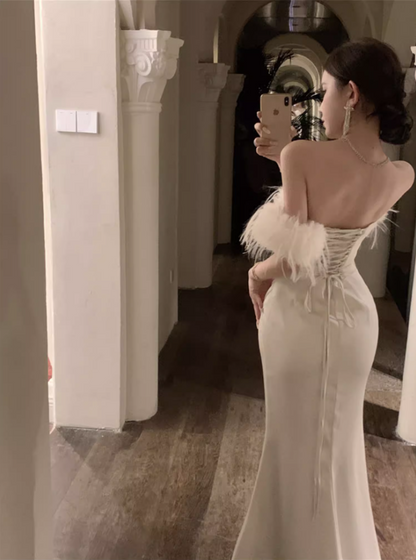 French Style White Lace-Up Mermaid Long Dress Romantic Off-Shoulder Feather Trim Evening Long Dress AP3572