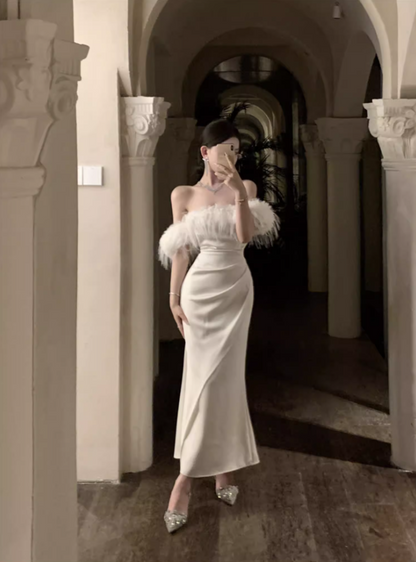 French Style White Lace-Up Mermaid Long Dress Romantic Off-Shoulder Feather Trim Evening Long Dress AP3572