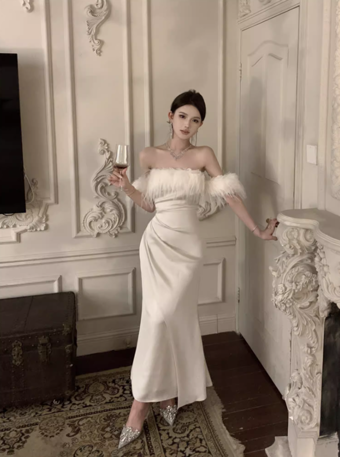 French Style White Lace-Up Mermaid Long Dress Romantic Off-Shoulder Feather Trim Evening Long Dress AP3572