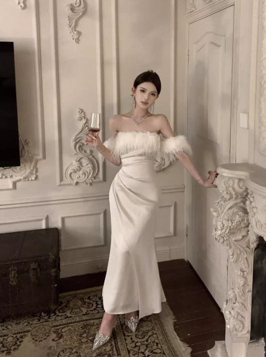 French Style White Lace-Up Mermaid Long Dress Romantic Off-Shoulder Feather Trim Evening Long Dress AP3572