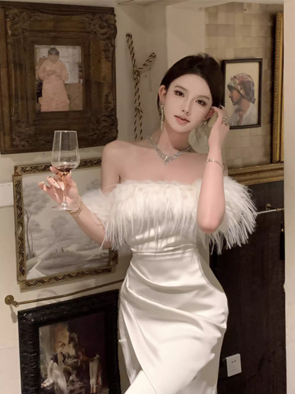 French Style White Lace-Up Mermaid Long Dress Romantic Off-Shoulder Feather Trim Evening Long Dress AP3572