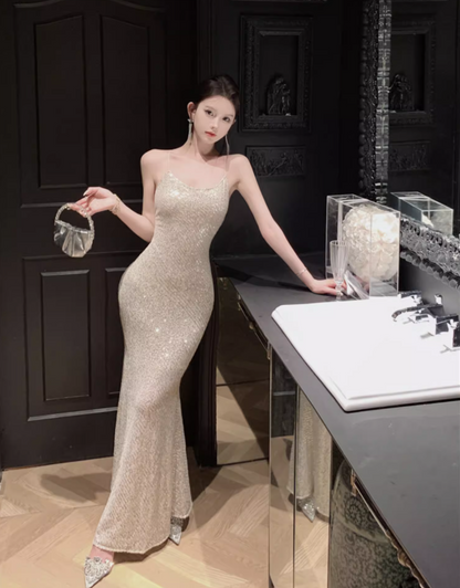 Fashionable Sequins Design Mermaid Evening Maxi Dress Charming Spaghetti Straps Parties Outfit Long Dress AP3573