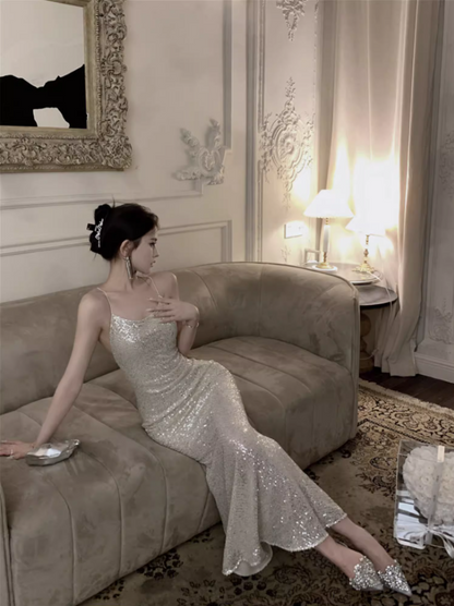 Fashionable Sequins Design Mermaid Evening Maxi Dress Charming Spaghetti Straps Parties Outfit Long Dress AP3573