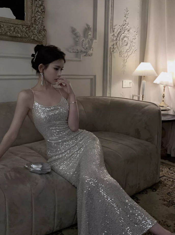 Fashionable Sequins Design Mermaid Evening Maxi Dress Charming Spaghetti Straps Parties Outfit Long Dress AP3573