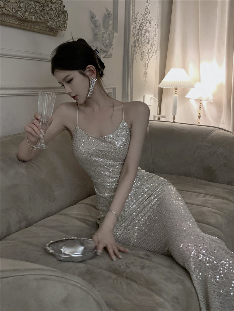 Fashionable Sequins Design Mermaid Evening Maxi Dress Charming Spaghetti Straps Parties Outfit Long Dress AP3573