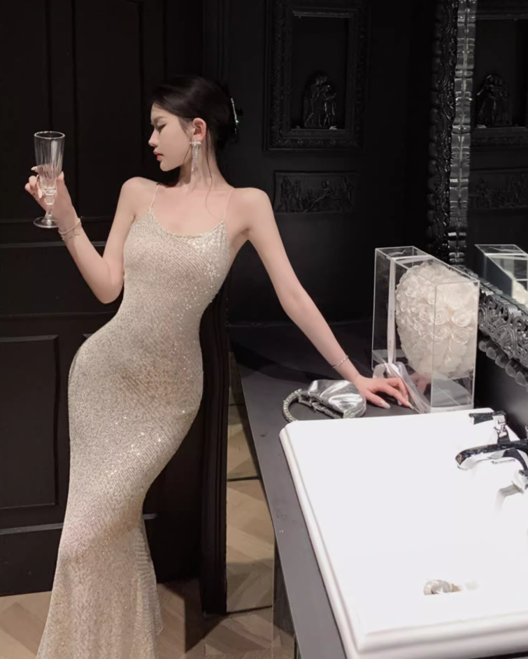 Fashionable Sequins Design Mermaid Evening Maxi Dress Charming Spaghetti Straps Parties Outfit Long Dress AP3573