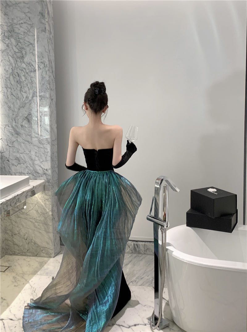 Unique Mermaid Strapless Black Evening Maxi Dresses Sexy Velvet Sheen Tulle Splicing Long Dress AP3574