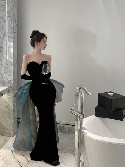Unique Mermaid Strapless Black Evening Maxi Dresses Sexy Velvet Sheen Tulle Splicing Long Dress AP3574