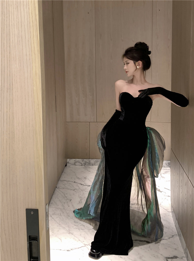 Unique Mermaid Strapless Black Evening Maxi Dresses Sexy Velvet Sheen Tulle Splicing Long Dress AP3574