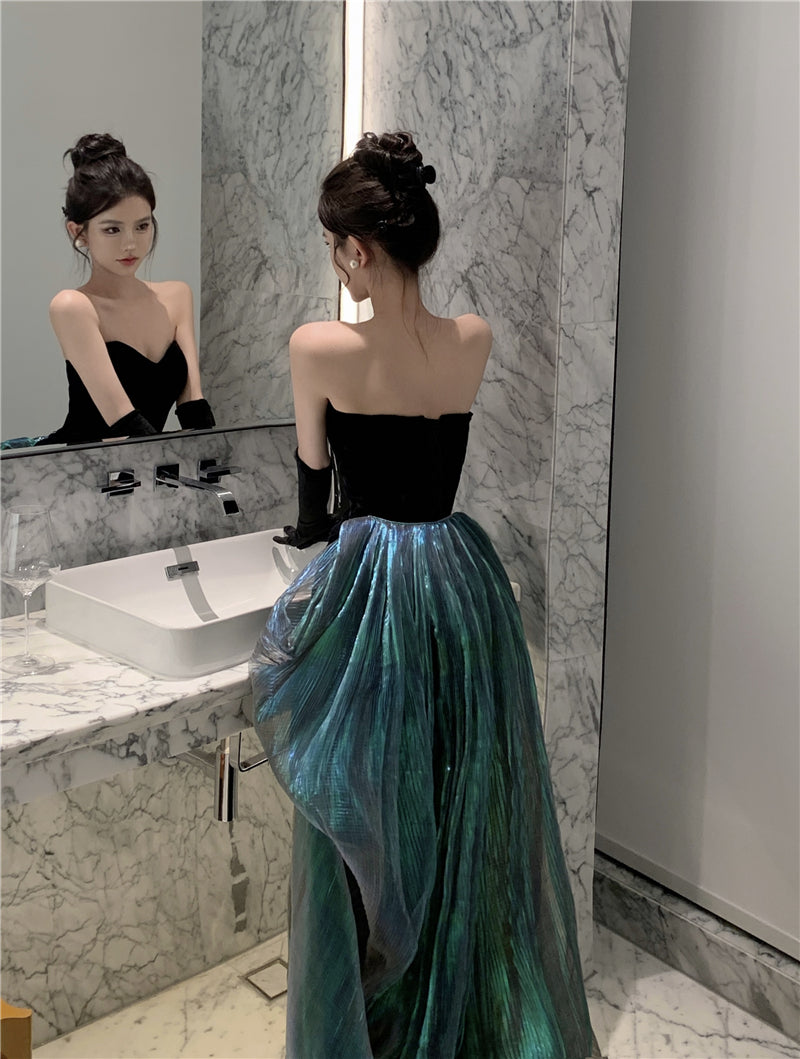Unique Mermaid Strapless Black Evening Maxi Dresses Sexy Velvet Sheen Tulle Splicing Long Dress AP3574