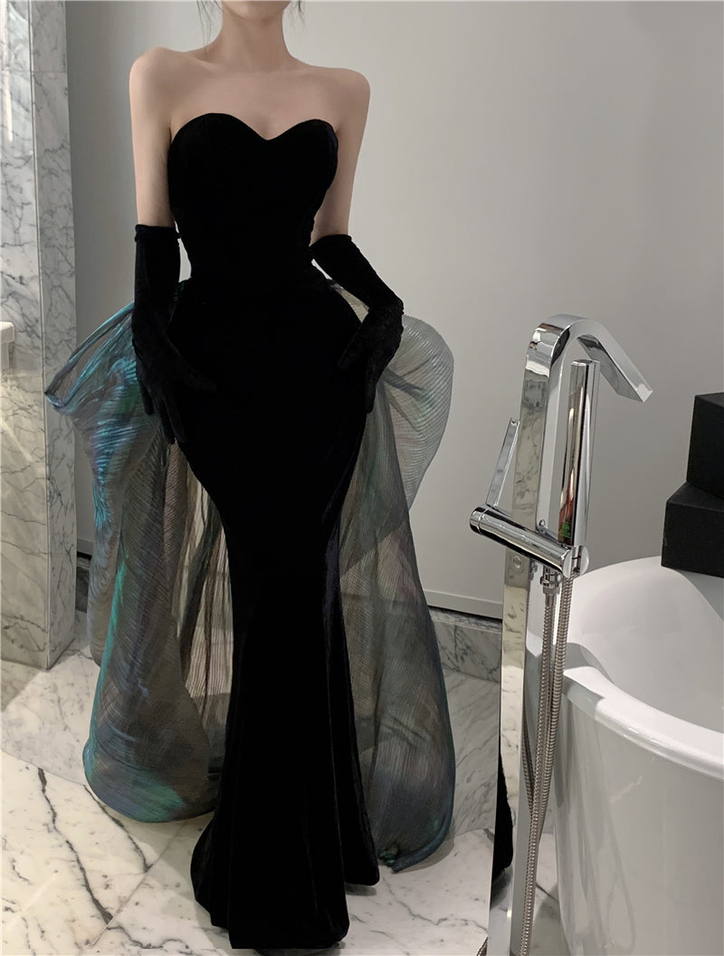 Unique Mermaid Strapless Black Evening Maxi Dresses Sexy Velvet Sheen Tulle Splicing Long Dress AP3574