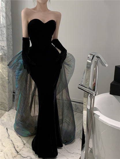 Unique Mermaid Strapless Black Evening Maxi Dresses Sexy Velvet Sheen Tulle Splicing Long Dress AP3574
