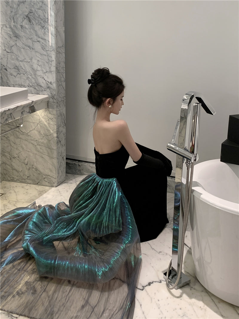 Unique Mermaid Strapless Black Evening Maxi Dresses Sexy Velvet Sheen Tulle Splicing Long Dress AP3574