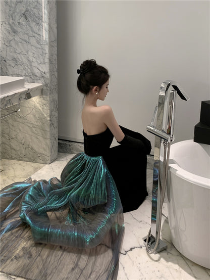 Unique Mermaid Strapless Black Evening Maxi Dresses Sexy Velvet Sheen Tulle Splicing Long Dress AP3574