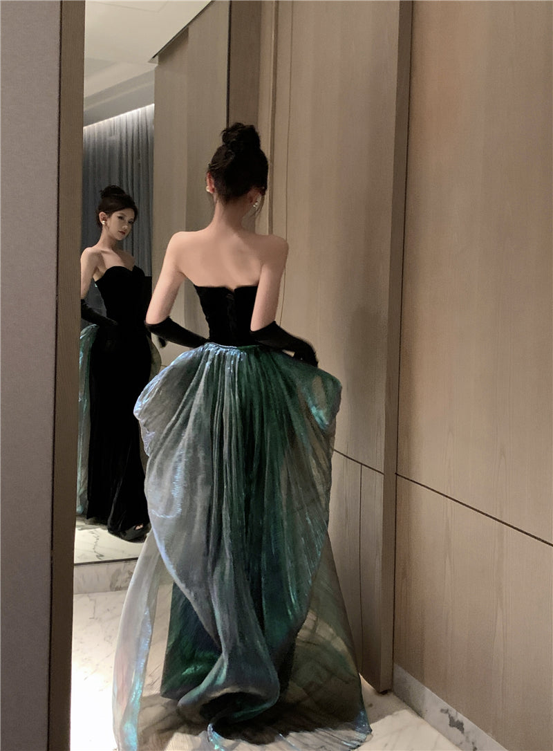 Unique Mermaid Strapless Black Evening Maxi Dresses Sexy Velvet Sheen Tulle Splicing Long Dress AP3574