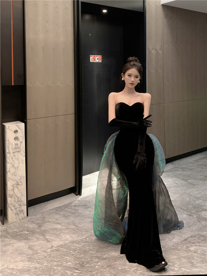 Unique Mermaid Strapless Black Evening Maxi Dresses Sexy Velvet Sheen Tulle Splicing Long Dress AP3574