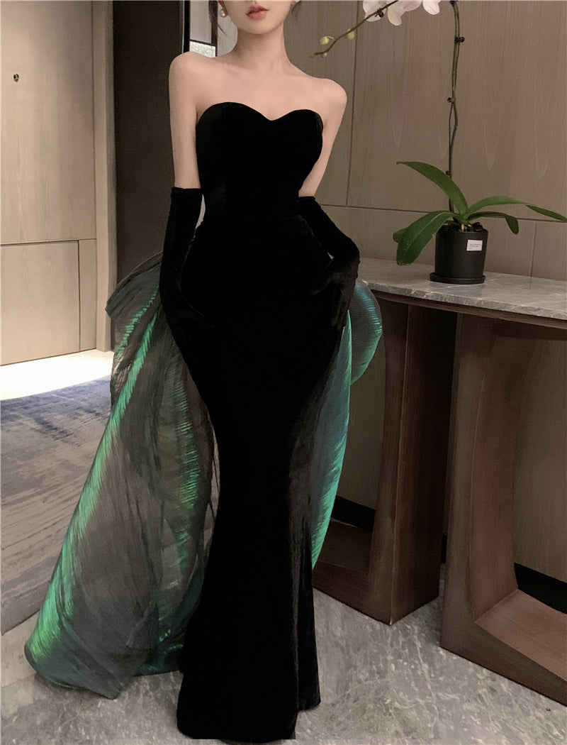 Unique Mermaid Strapless Black Evening Maxi Dresses Sexy Velvet Sheen Tulle Splicing Long Dress AP3574