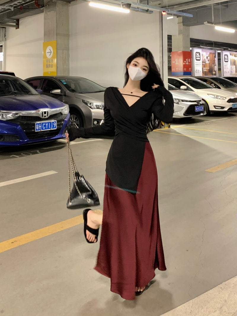 Novelty V Neck Two-Piece Set Maxi Dresses Long Sleeve Asymmetric Hem Blouse Slit Skirt A-Line Long Dress AP3575