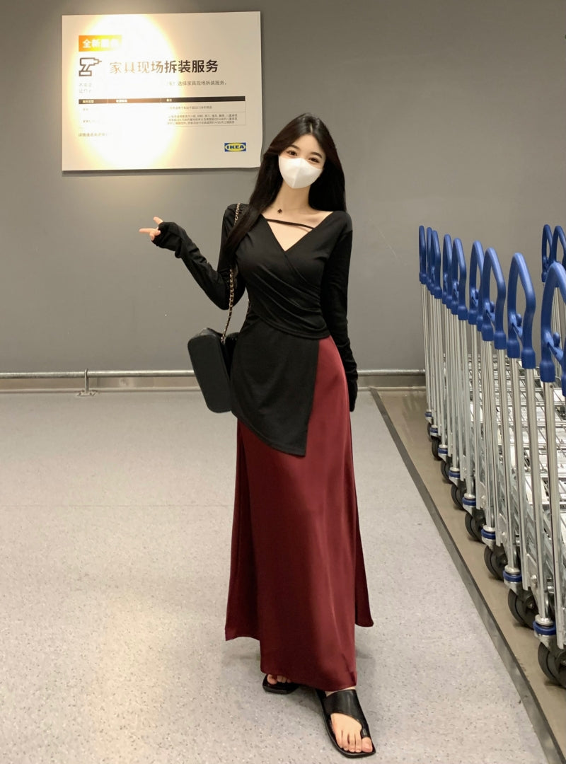 Novelty V Neck Two-Piece Set Maxi Dresses Long Sleeve Asymmetric Hem Blouse Slit Skirt A-Line Long Dress AP3575