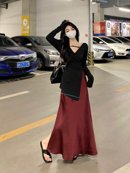Novelty V Neck Two-Piece Set Maxi Dresses Long Sleeve Asymmetric Hem Blouse Slit Skirt A-Line Long Dress AP3575