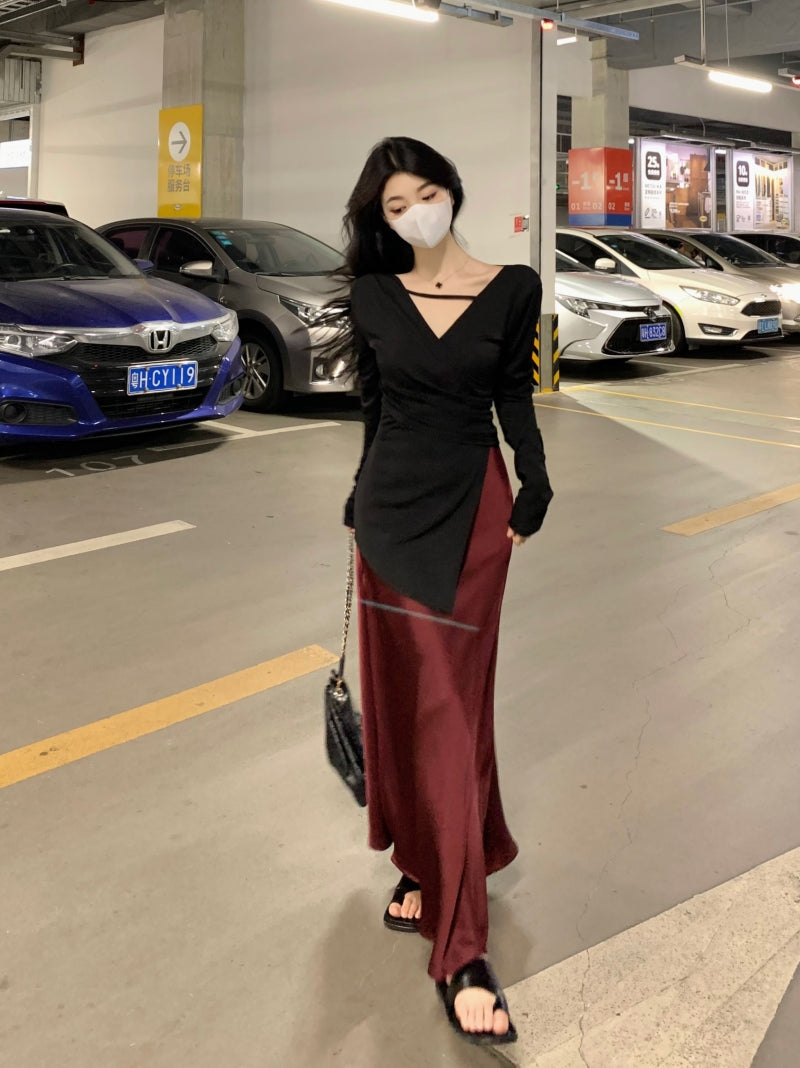 Novelty V Neck Two-Piece Set Maxi Dresses Long Sleeve Asymmetric Hem Blouse Slit Skirt A-Line Long Dress AP3575