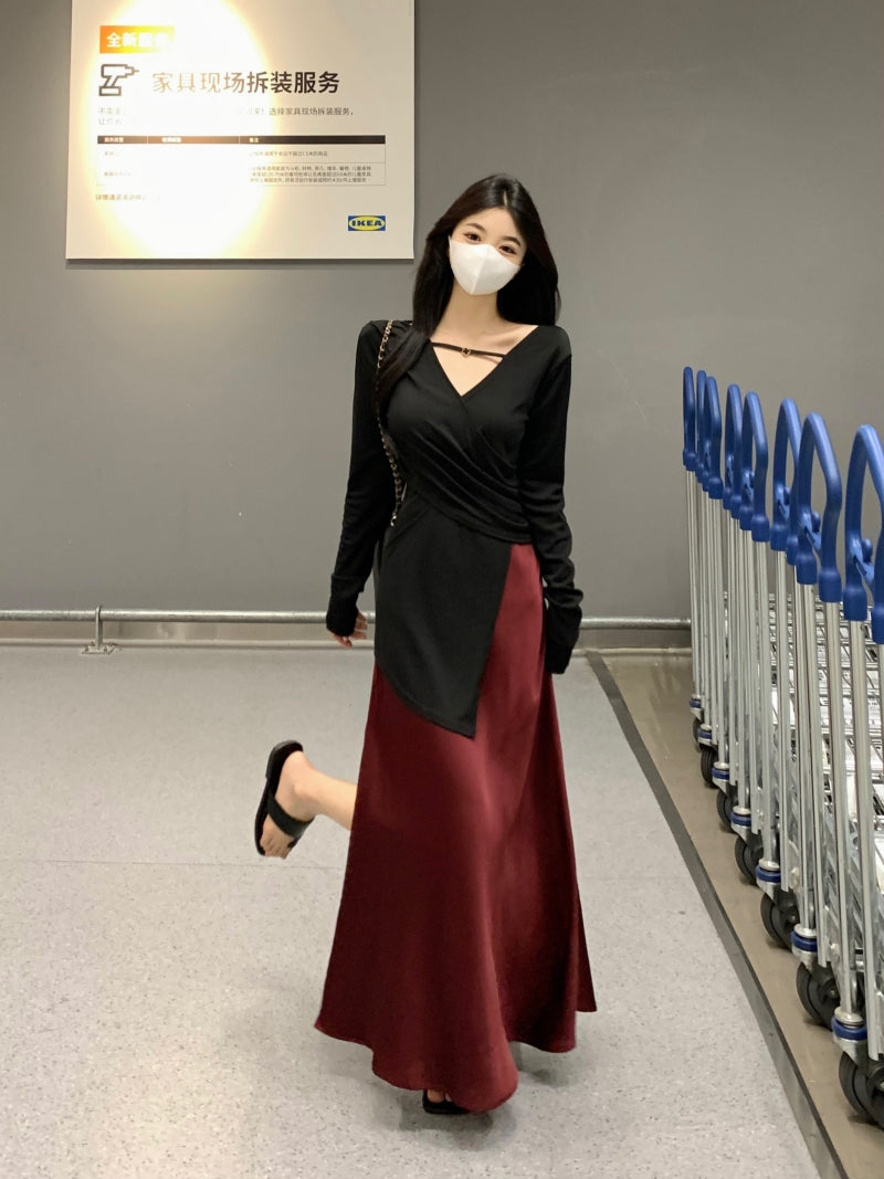 Novelty V Neck Two-Piece Set Maxi Dresses Long Sleeve Asymmetric Hem Blouse Slit Skirt A-Line Long Dress AP3575
