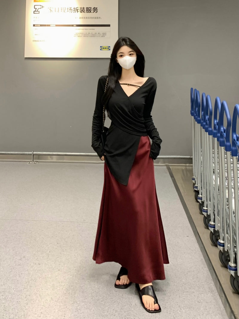 Novelty V Neck Two-Piece Set Maxi Dresses Long Sleeve Asymmetric Hem Blouse Slit Skirt A-Line Long Dress AP3575