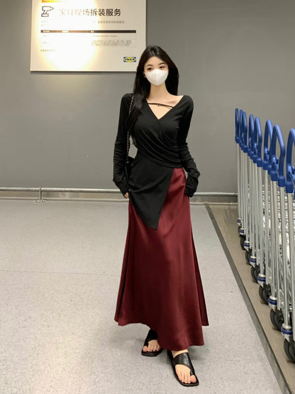 Novelty V Neck Two-Piece Set Maxi Dresses Long Sleeve Asymmetric Hem Blouse Slit Skirt A-Line Long Dress AP3575