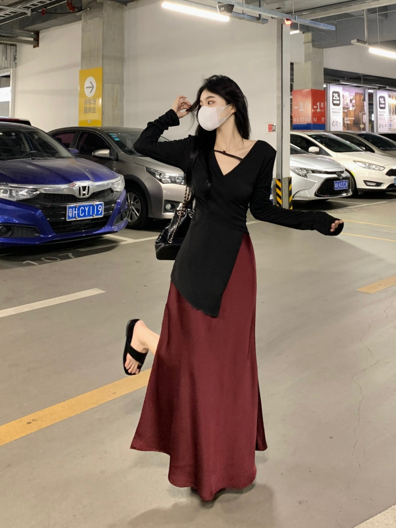 Novelty V Neck Two-Piece Set Maxi Dresses Long Sleeve Asymmetric Hem Blouse Slit Skirt A-Line Long Dress AP3575