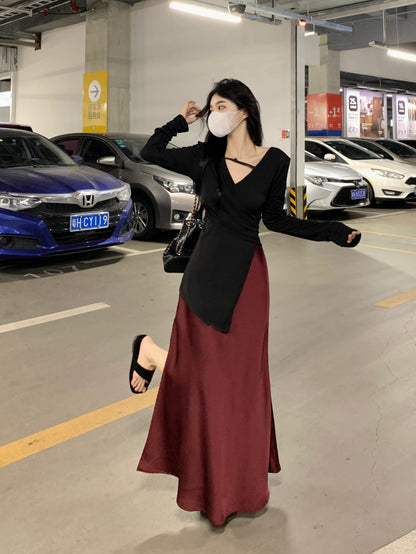 Novelty V Neck Two-Piece Set Maxi Dresses Long Sleeve Asymmetric Hem Blouse Slit Skirt A-Line Long Dress AP3575