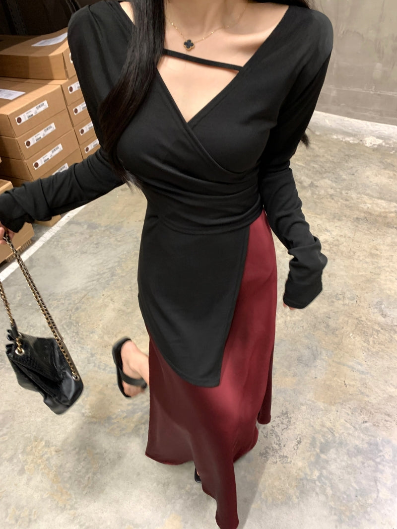 Novelty V Neck Two-Piece Set Maxi Dresses Long Sleeve Asymmetric Hem Blouse Slit Skirt A-Line Long Dress AP3575